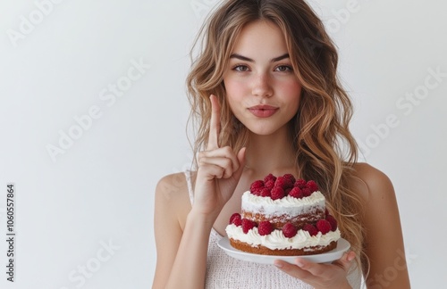 Young Woman Shushing While Holding a Cake Against White Background