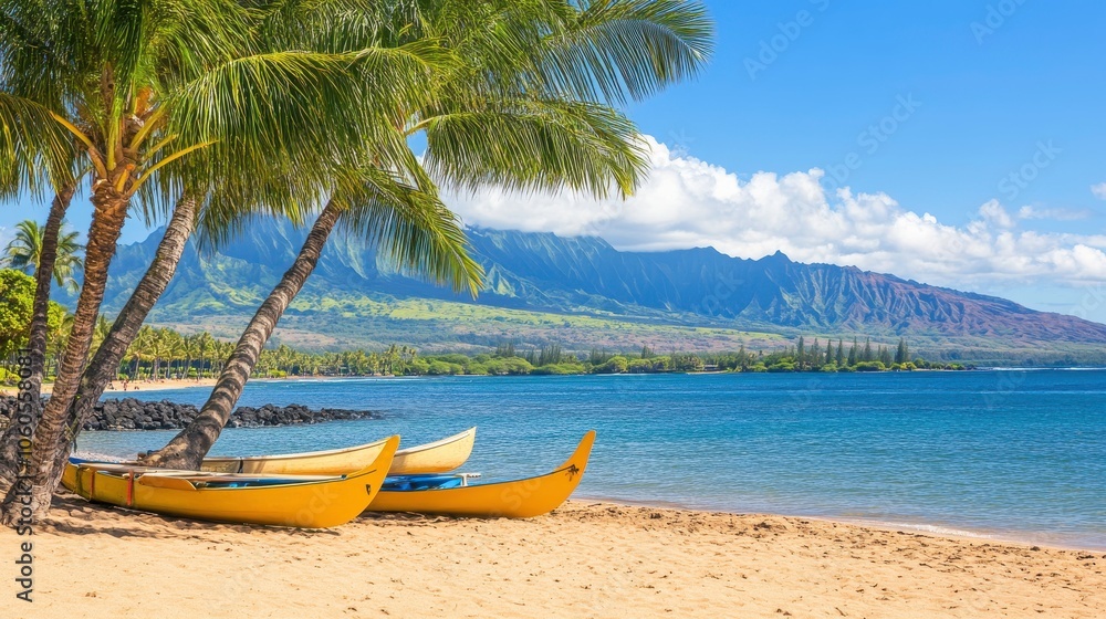 Tropical beach with canoes and palm trees. Tropical beach with canoes and palm trees.
