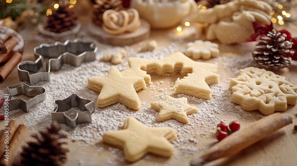 A detailed shot of cookie cutters in the shape of stars, snowflakes, and reindeer A detailed shot of cookie cutters in the shape of stars, snowflakes, and reindeer
