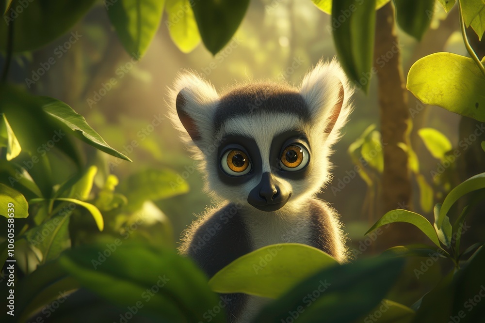 A curious lemur peering through lush foliage. A curious lemur peering through lush foliage.