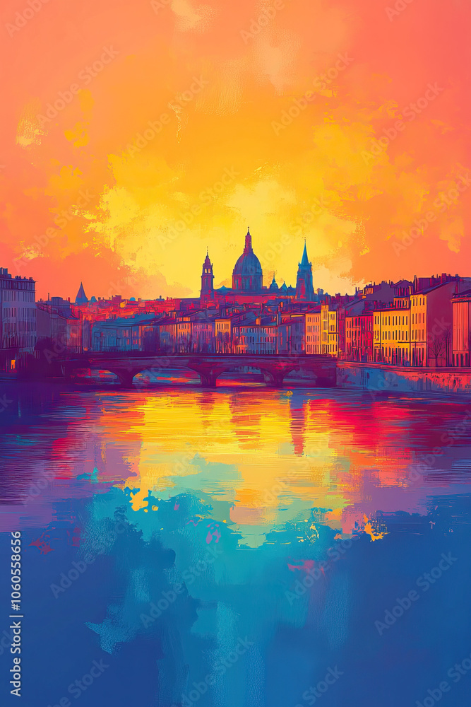 Obraz premium Toulouse, France, Pop Art style theme print. Cityscape, city skyline.Vibrant, bright, modern, trendy, graphic designed for poster, card, wallpaper