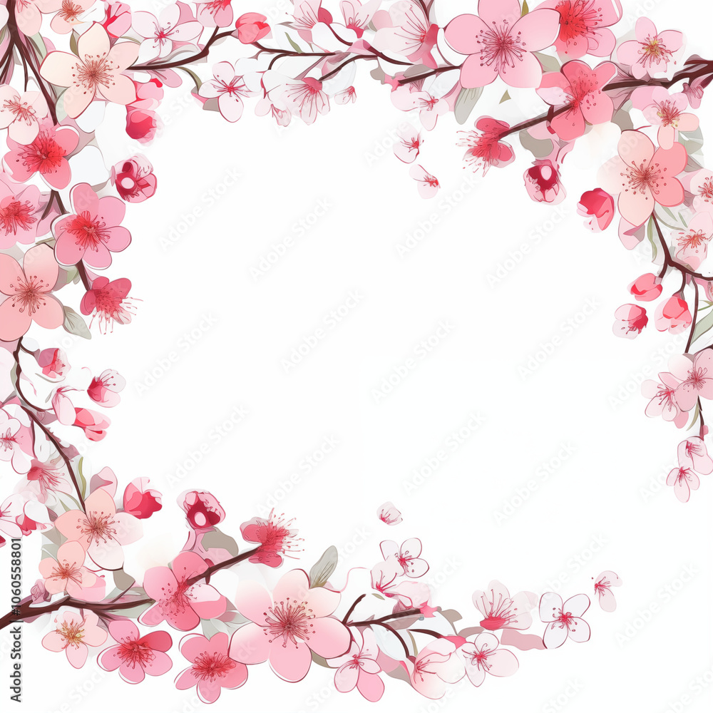 A vibrant cartoon illustration of cherry blossom branches framing a blank space for artistic use A vibrant cartoon illustration of cherry blossom branches framing a blank space for artistic use