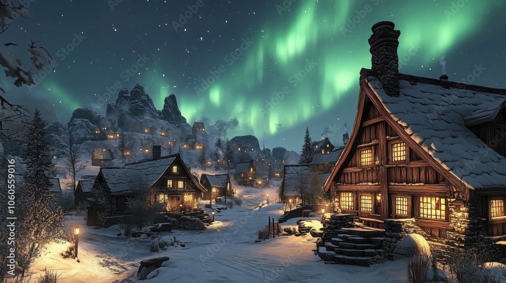 Obraz premium A captivating aurora borealis lighting up the night sky above a peaceful village, with snow-covered rooftops and flickering lights. 