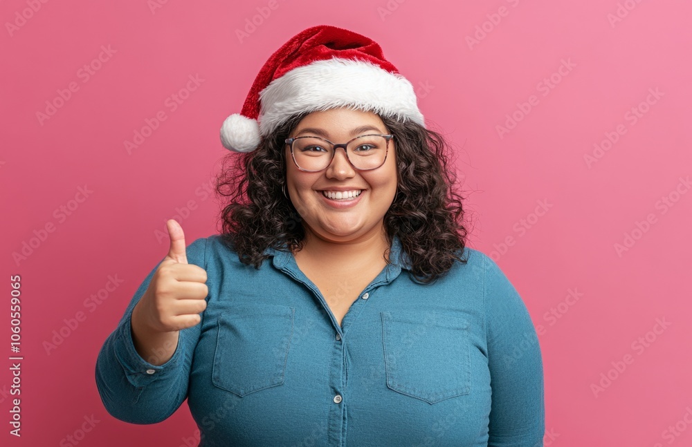 A Cheerful Plump Woman Giving a Thumbs-Up in Santa Hat A Cheerful Plump Woman Giving a Thumbs-Up in Santa Hat