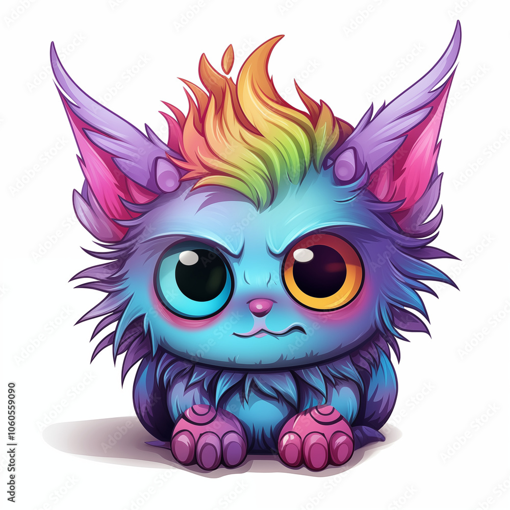 A colorful cartoon creature with rainbow fur and large expressive eyes sitting curiously at home A colorful cartoon creature with rainbow fur and large expressive eyes sitting curiously at home
