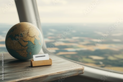 Globe and travel tickets rest on rustic wooden table by airplane window, symbolizing adventure, wanderlust, and excitement of exploring new destinations. photo