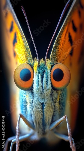 Vibrant butterfly with orange eyes on a black background. photo