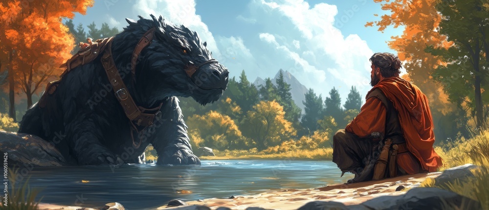 Fototapeta premium Man and Beast Encounter in a Forest