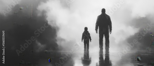 War-themed photograph of two individuals in a desolate landscape, suggesting conflict and survival. photo