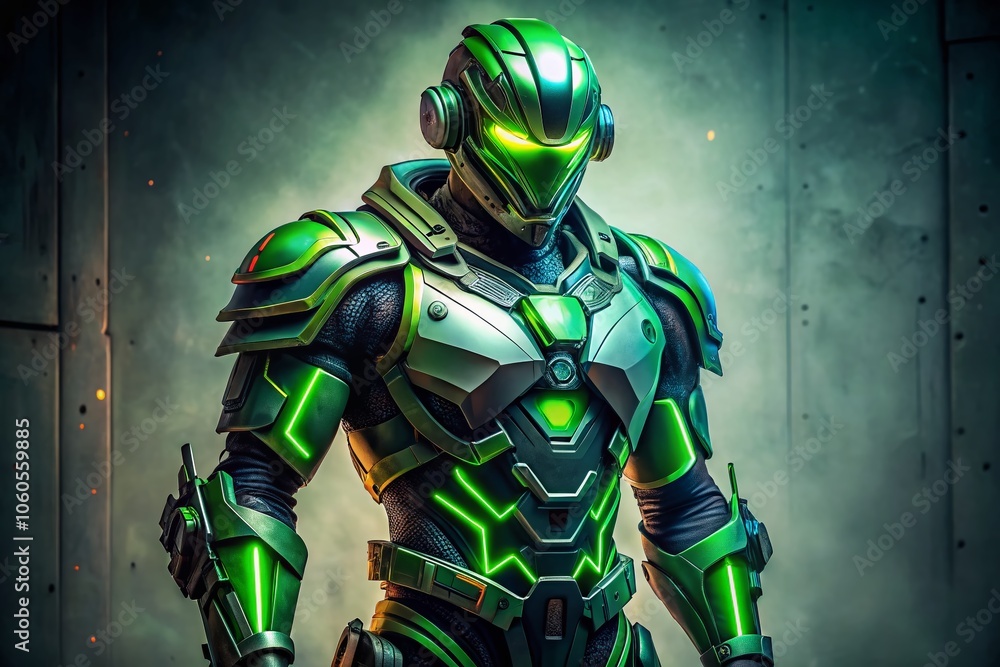 Futuristic Armored Figure with Neon Accents in Low Light Photography Futuristic Armored Figure with Neon Accents in Low Light Photography