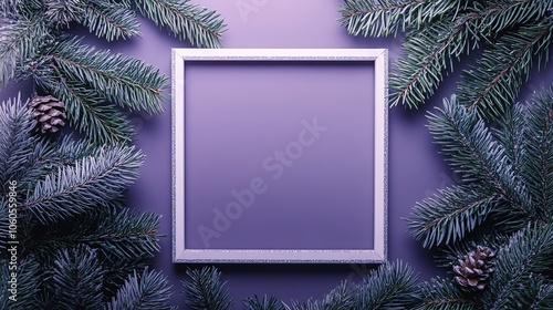 Blank frame with pine leaves and cones on purple background