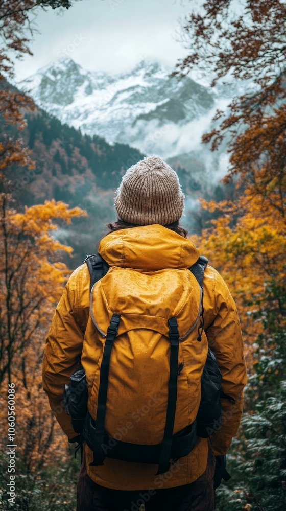 Hiker with Yellow Backpack on Mountain Path, Admiring Autumn Scenery Hiker with Yellow Backpack on Mountain Path, Admiring Autumn Scenery