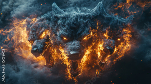 A three-headed hellhound with fire