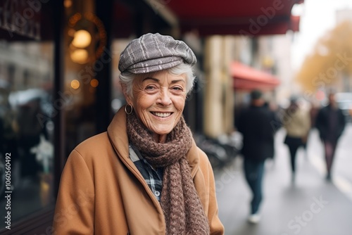 Portrait of a happy senior woman in a beret and coat on the street