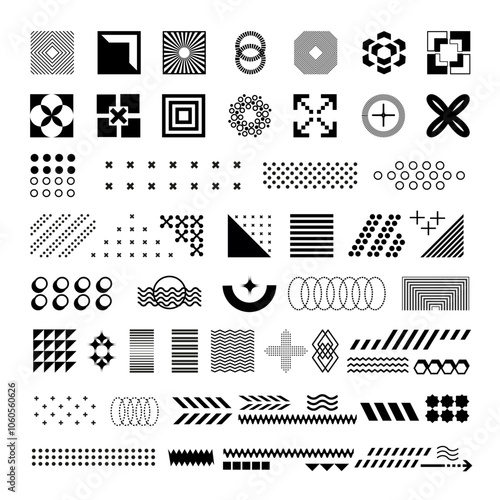 A set of geometric design elements, composed of round, triangular, square, and linear shapes.