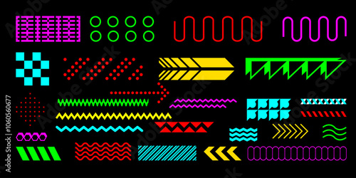 A set of geometric design elements, composed of round, triangular, square, and linear shapes on black background.