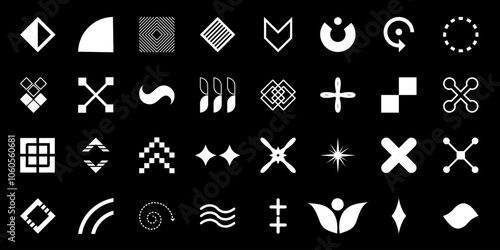 A set of geometric design elements, composed of round, triangular, square, and linear shapes on black background.