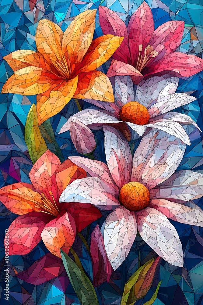 Vibrant flowers blooming in geometric patterns create an artistic floral display against a dynamic blue background that captivates the eye Vibrant flowers blooming in geometric patterns create an artistic floral display against a dynamic blue background that captivates the eye