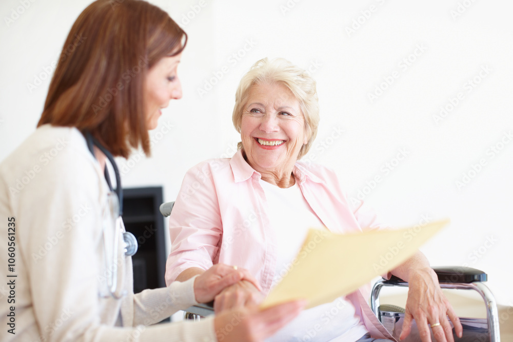 Wheelchair, healthcare and results with old woman and caregiver for rehabilitation, consulting and support. Medical, retirement home and osteoporosis with senior person with a disability and nurse Wheelchair, healthcare and results with old woman and caregiver for rehabilitation, consulting and support. Medical, retirement home and osteoporosis with senior person with a disability and nurse