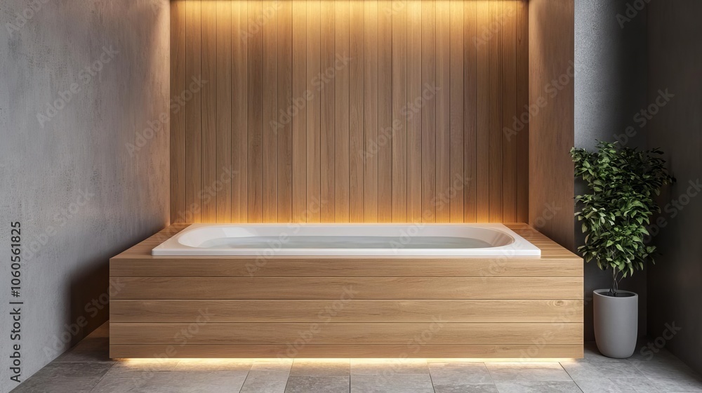 Bath spa with wood panels, stone floor, subtle lighting Bath spa with wood panels, stone floor, subtle lighting