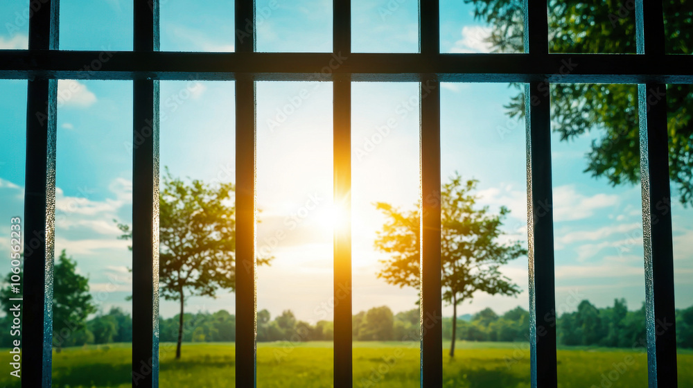 Fototapeta premium Sunlight Through Fence with Lush Greenery