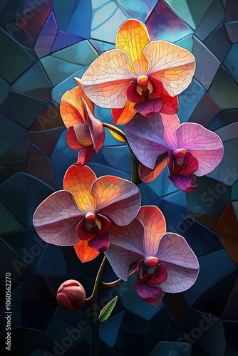 An elegant orchid blooms gracefully amidst a vibrant mosaic background capturing nature's colorful beauty and intricacies photo