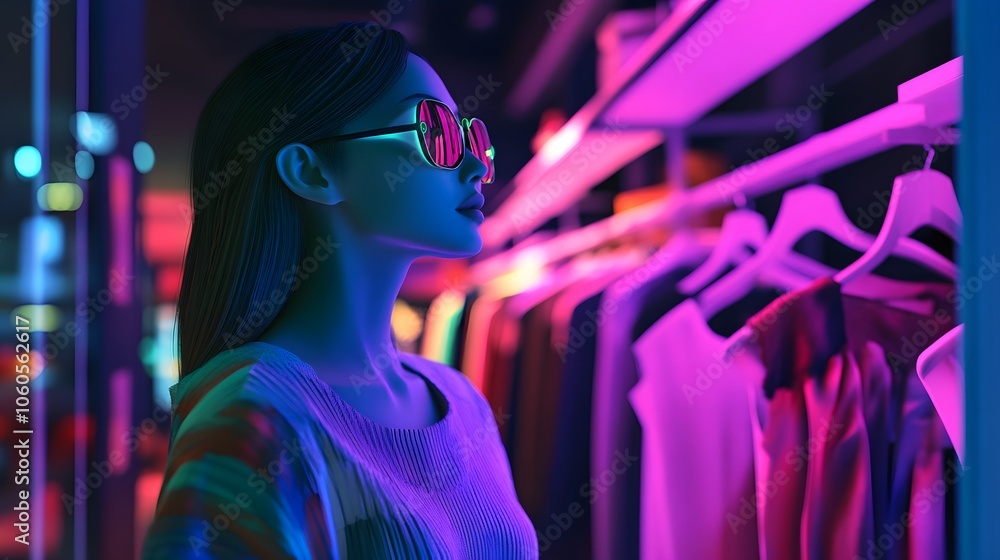 Shopper in a clothing store using AI for accessories Shopper in a clothing store using AI for accessories
