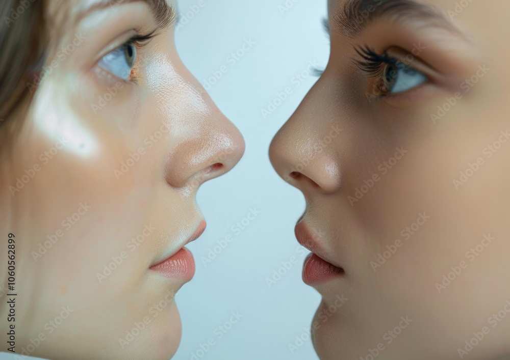 Obraz premium Before and after plastic surgery of nose. Rhinoplasty. Crooked nose correcting. Young woman profile portrait, isolated on white background. Beauty female, model girl face close-up. Aesthetic medicine