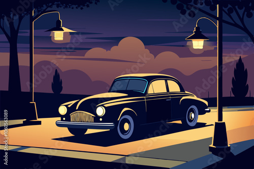 vintage car parked under a streetlight at night