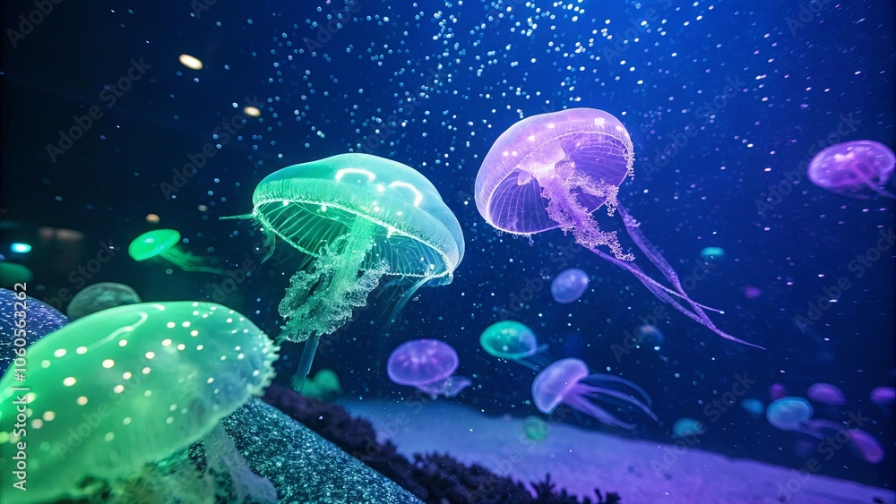Glowing Jellyfish in Green and Purple Hues Glowing Jellyfish in Green and Purple Hues