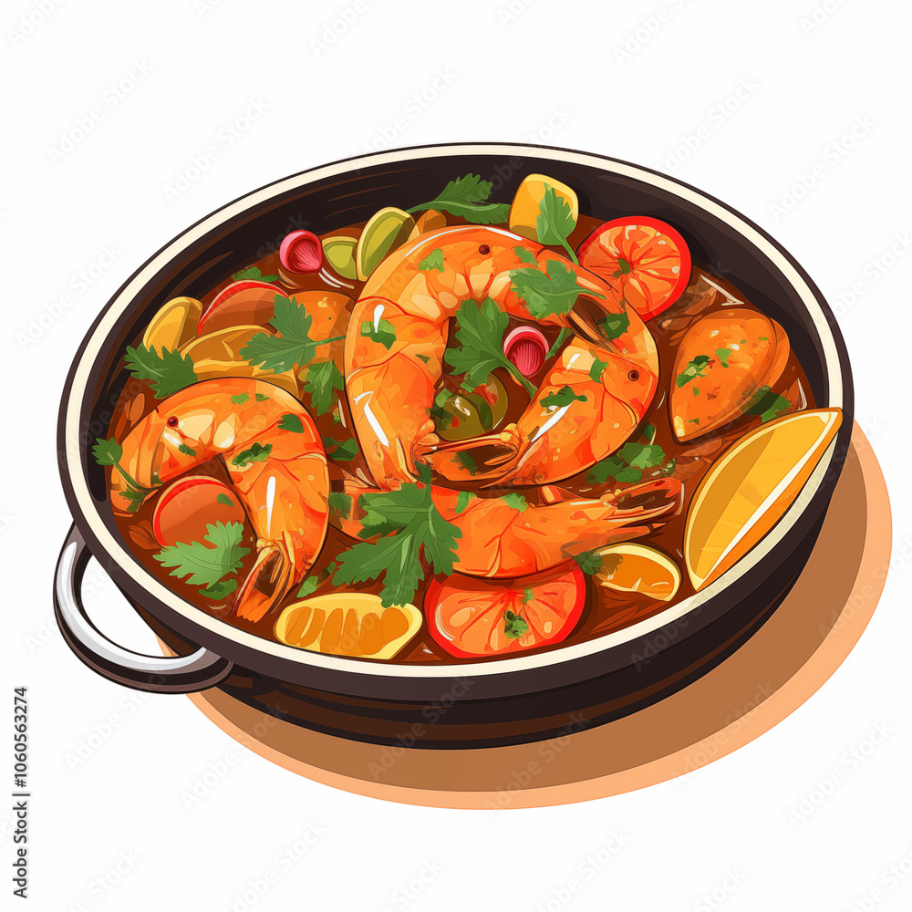 Delicious shrimp dish served in a black pot with vibrant vegetables and garnishes Delicious shrimp dish served in a black pot with vibrant vegetables and garnishes