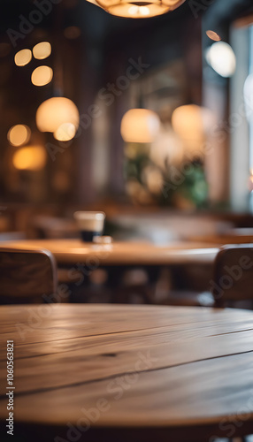 A cozy cafe interior with wooden tables and chairs, softly lit by warm pendant lights. The background is slightly blurred, creating a relaxed atmosphere, ideal for socializing or working.