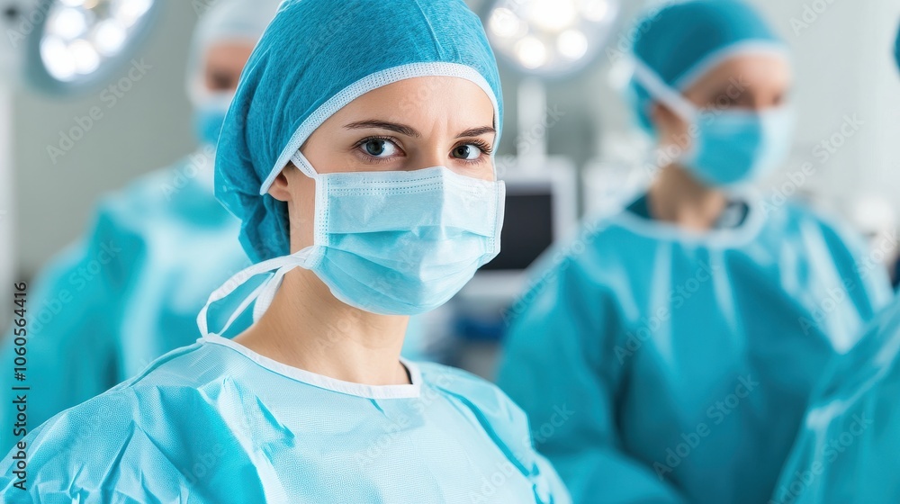 Portrait of a Female Surgeon in Surgical Mask and Scrubs, Ready for Operation Portrait of a Female Surgeon in Surgical Mask and Scrubs, Ready for Operation