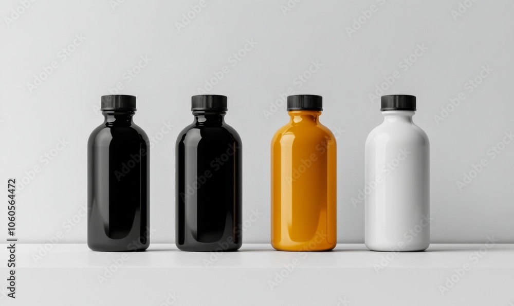 A mockup featuring black, white, and amber bottles isolated on a white background. Suitable for various purposes such as medical, cosmetic, and food packaging. Rendered in vector A mockup featuring black, white, and amber bottles isolated on a white background. Suitable for various purposes such as medical, cosmetic, and food packaging. Rendered in vector