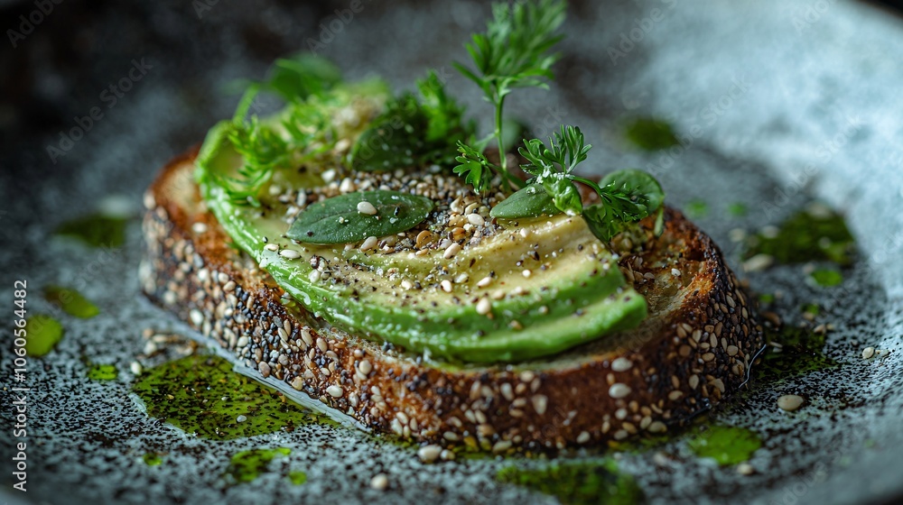 A close-up shot of avocado toast with a sprinkle of seeds and fresh herbs, set on a rustic plate. The bright greens and textures emphasize simplicity and nutrition.