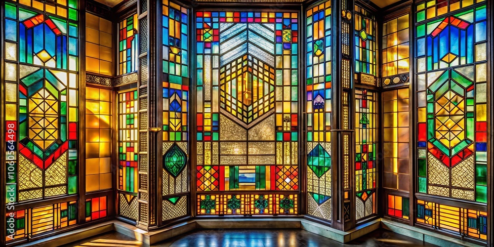Obraz premium Geometric Art Deco Style Stained Glass Window in Vibrant Colors - Captivating Candid Photography of Architectural Art and Design