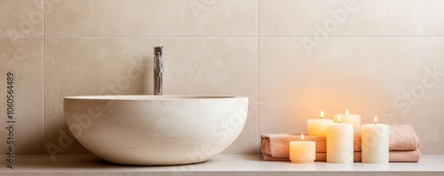 Elegant bath, stone basin, candles