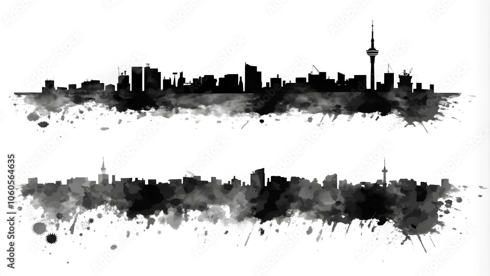 Obraz premium Metropolen Monochrom - Künstlerische Skyline der Hauptstadt - Gemalt mit Wasserfarbe - Kreativ und Abstrakt 
