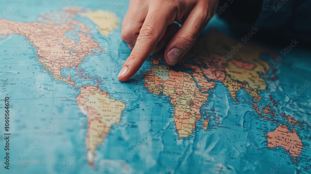 Close up of hand pointing at world map, highlighting trade routes and global connections. vibrant colors of map emphasize geographical details Close up of hand pointing at world map, highlighting trade routes and global connections. vibrant colors of map emphasize geographical details
