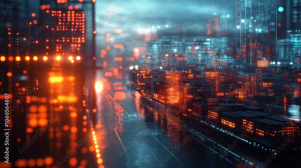 Fototapeta premium Cargo Ships Illuminated With Digital Lights: A Futuristic Depiction Of Shipping Vessels In A High-Tech Harbor, Glowing Containers And Virtual Maps In The Background Illustrate Global Connectivity