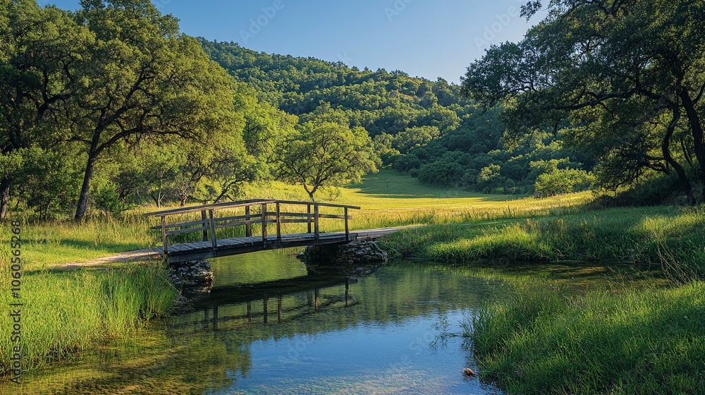 Fototapeta premium Peaceful Meadow with Bridge and Creek in Forested Hills