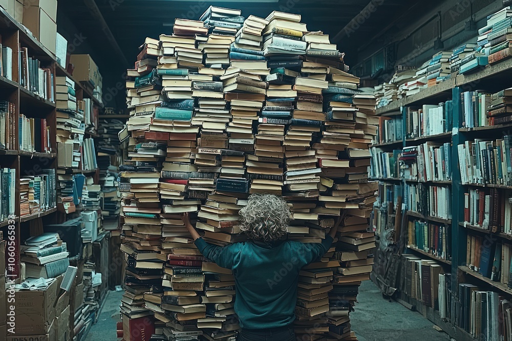 Obraz premium Person Holding Up a Large Stack of Books in a Bookstore