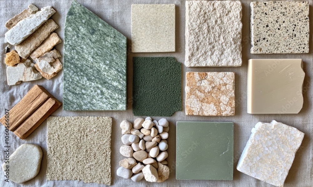 A top-view moodboard displaying samples of green, stone, and wood materials A top-view moodboard displaying samples of green, stone, and wood materials