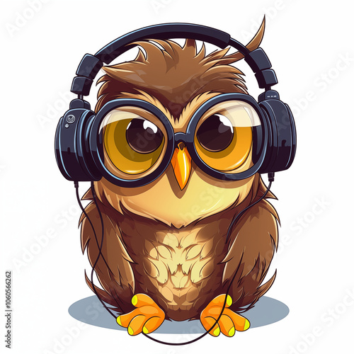 A cartoon owl wearing headphones and glasses listens to music in a vibrant setting photo