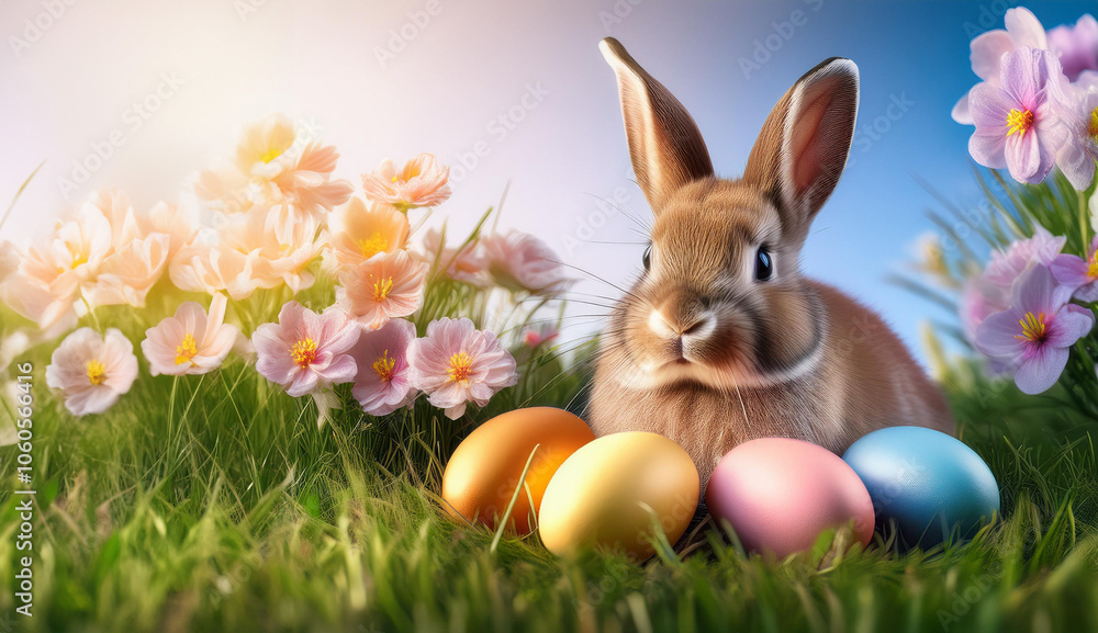 Fototapeta premium Easter bunny in the grass with easter eggs and flowers. Room for text 