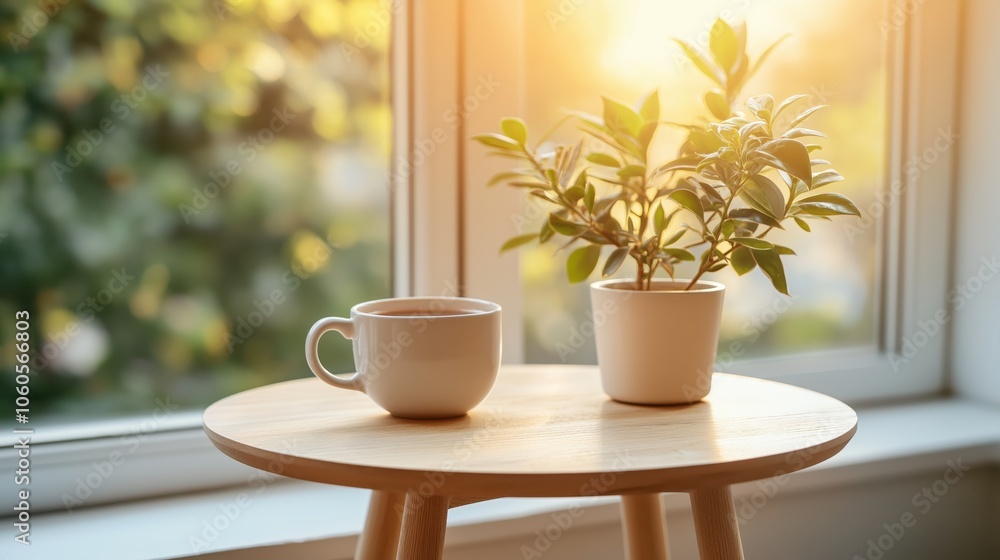 A serene morning moment featuring a steaming cup of coffee on a wooden table beside a cheerful potted plant, illuminated by soft sunlight streaming through the window. A serene morning moment featuring a steaming cup of coffee on a wooden table beside a cheerful potted plant, illuminated by soft sunlight streaming through the window.