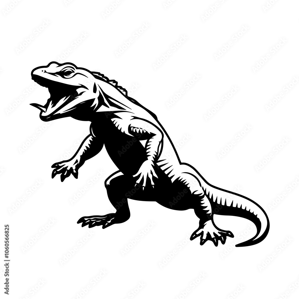 Fototapeta premium Black isolated silhouette of lizard on white background.