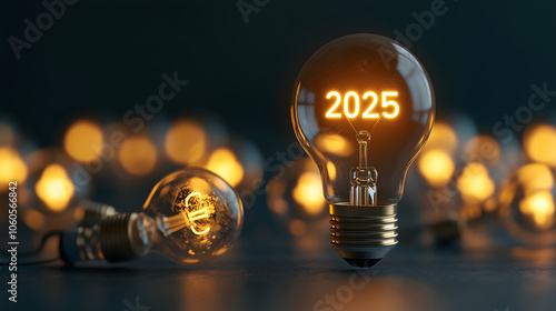 new year 2025 , A yellow light bulb  , Generative ai photo