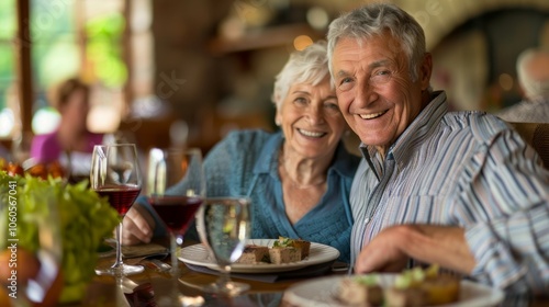 Happy multi-generation family gathering around dining table and having fun during a lunch or dinner on holiday or weekend, senior couple, grandparents, grandmother and grandfather eating