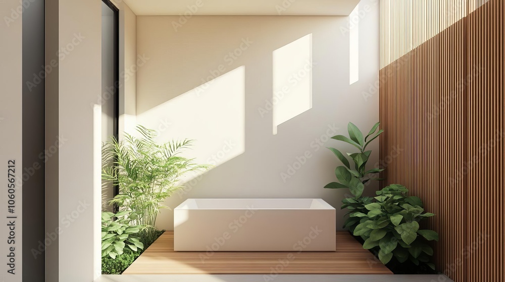 Fototapeta premium Minimalist spa bath, open layout, greenery, calming natural light